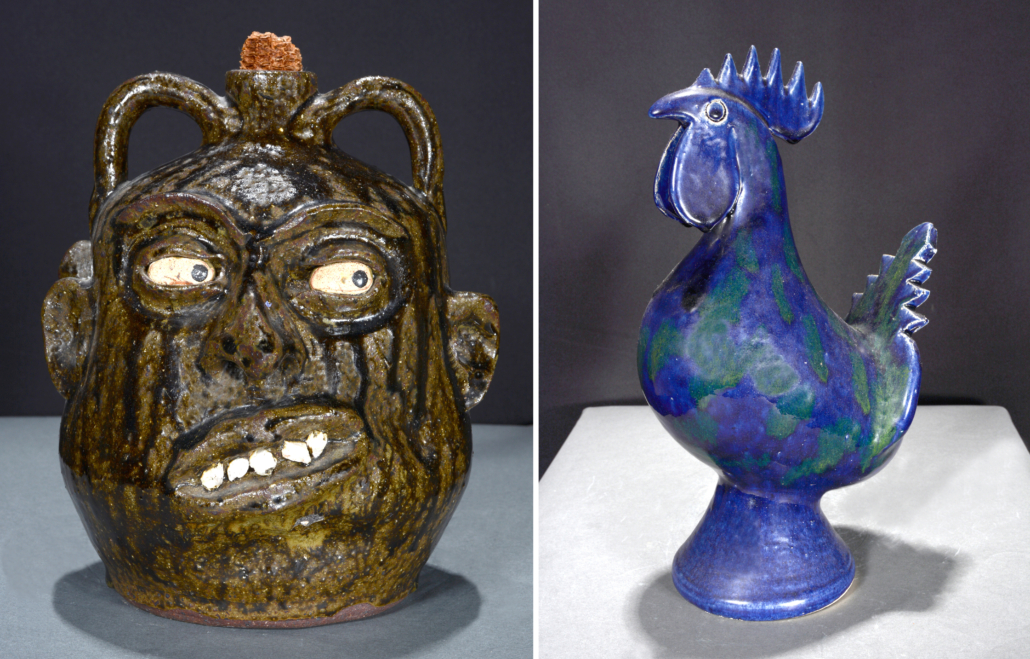 Left: Lanier Meaders circa-1960s Rock Tooth Politician jug, est. $3,000-$5,000; Right: Edwin Meaders 1998 rooster decorated with green drips on a cobalt blue-painted form, est. $800-$1,200