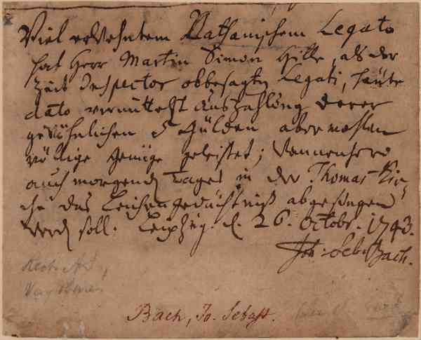 One side of the double-sided receipt signed twice by Johann Sebastian Bach, $400,000