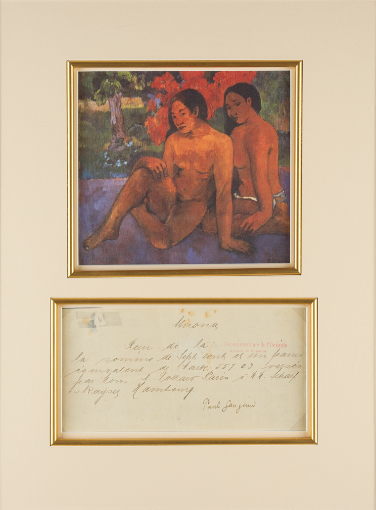 Letter from artist Paul Gauguin, acknowledging payment from dealer Ambroise Vollard, est. $15,000-$25,000