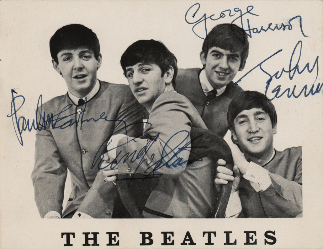 Fully signed Beatles Fan Club promo card, est. $20,000-$25,000