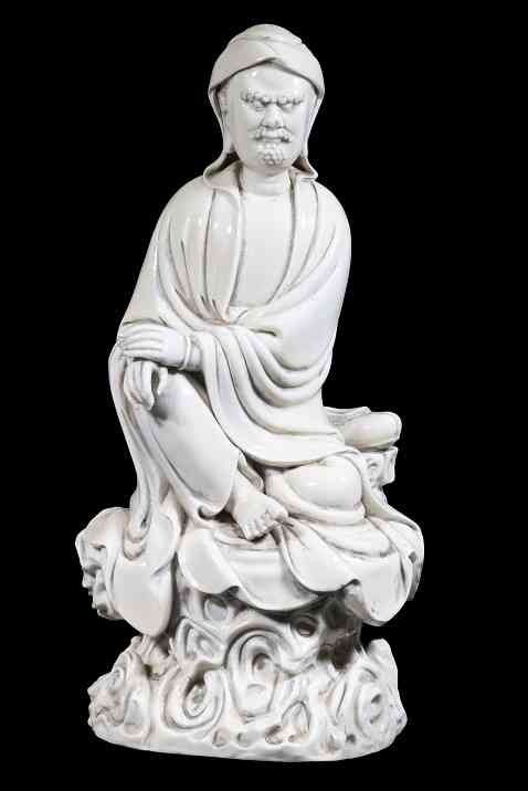 Blanc de chine porcelain figure of Bodhidharma on the waves, est. $1,000-$2,000