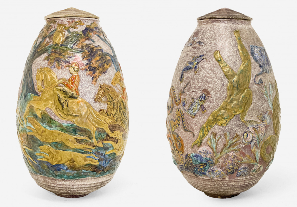 Left: Jean Mayodon, monumental lidded vase with hunting theme, est. $5,000-$8,000; Right, Jean Mayodon, monumental lidded vase with underwater theme, est. $5,000-$8,000