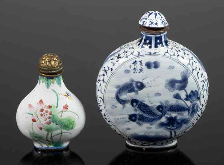 Two Chinese enamel on copper snuff bottles, est. $800-$1,200