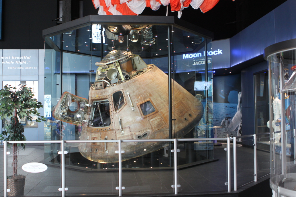 The Apollo 16 command module on display at the U.S. Space & Rocket Center in Huntsville, Ala. Workers are sprucing up the spacecraft for the 50th anniversary of its April 1972 flight. Image courtesy of Wikimedia Commons, photo credit James E. Scarborough, licensed under the Creative Commons Attribution 1.0 Generic license.