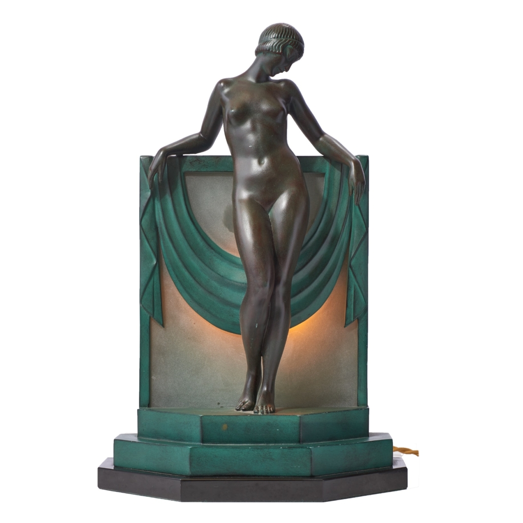 Art Deco-style bronze figural table lamp, $5,120