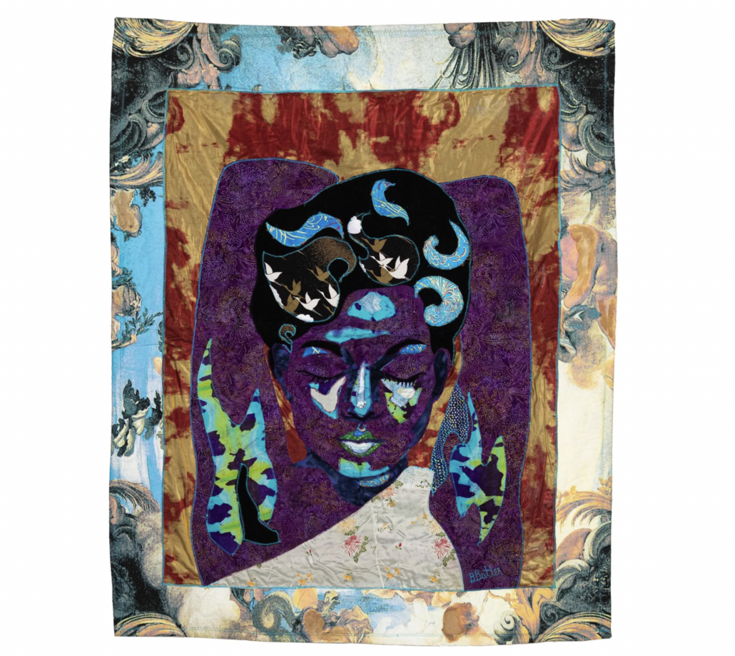 Artist Bisa Butler’s 1973 ‘Untitled, Woman,’ a dyed cotton quilt with applique work, achieved $45,000 plus the buyer’s premium in May 2021. Image courtesy of Black Art Auction and LiveAuctioneers