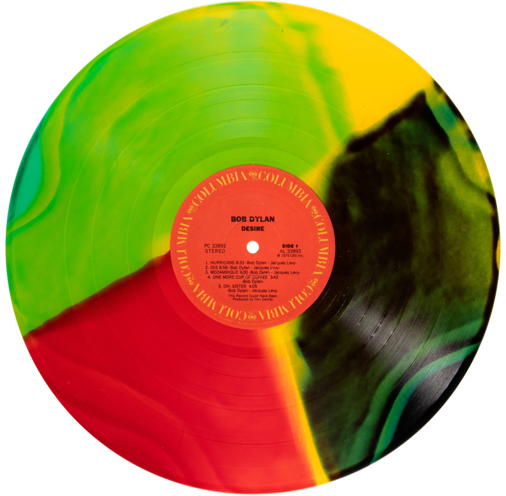Multi-colored vinyl pressing of Bob Dylan’s 17th LP, Desire, est. $800-$1,200. Image courtesy of Heritage Auctions
