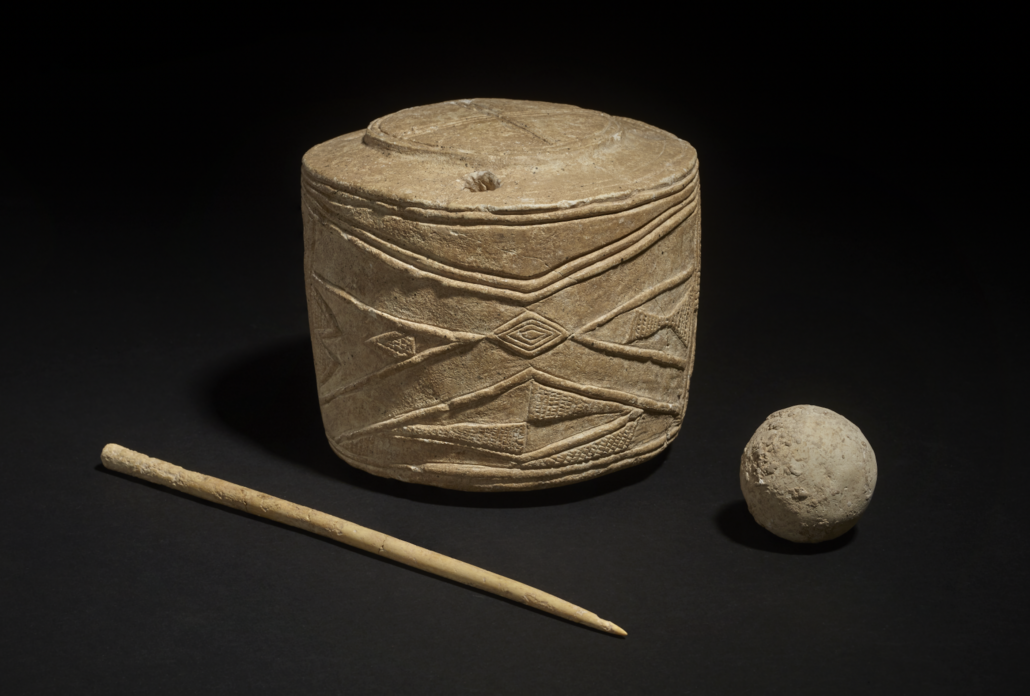 Burton Agnes chalk drum, chalk ball and bone pin, 3005-2890 BCE. Photo © The Trustees of the British Museum