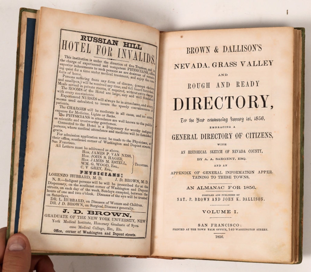 Copy of Brown & Dallison’s ‘Nevada, Grass Valley and Rough and Ready Directory (Calif.),’ est. $3,000-$6,000