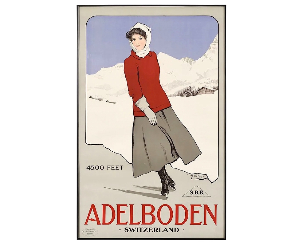 Another winner from Dick Button’s collection was a circa-1905 Carlo Pellegrini poster advertising the charms of Adelboden. It achieved $4,000 plus the buyer’s premium in January 2019. Image courtesy of Brunk Auctions and LiveAuctioneers