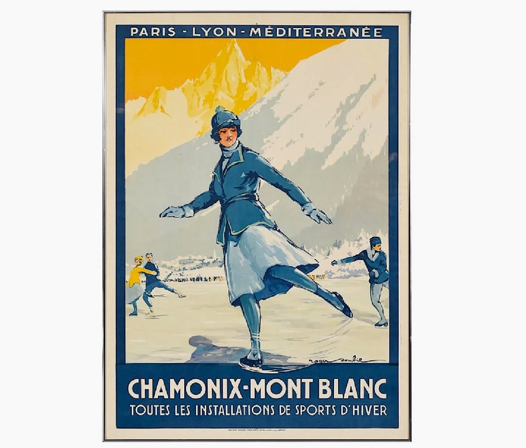 Legendary ice-skater Dick Button’s collection included a Roger Soulie poster for the 1924 Winter Olympics in Chamonix-Mont Blanc, featuring a young woman skating. It achieved $6,000 plus the buyer’s premium in January 2019. Image courtesy of Brunk Auctions and LiveAuctioneers