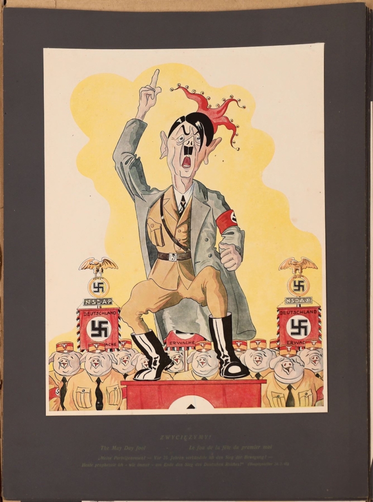 Set of 25 ‘Hitleriada Furiosa’ and ‘Hitleriada Macabra’ cartoon prints by Stanislaw Toegel, poking fun at German Nazis, est. $3,500-$6,000