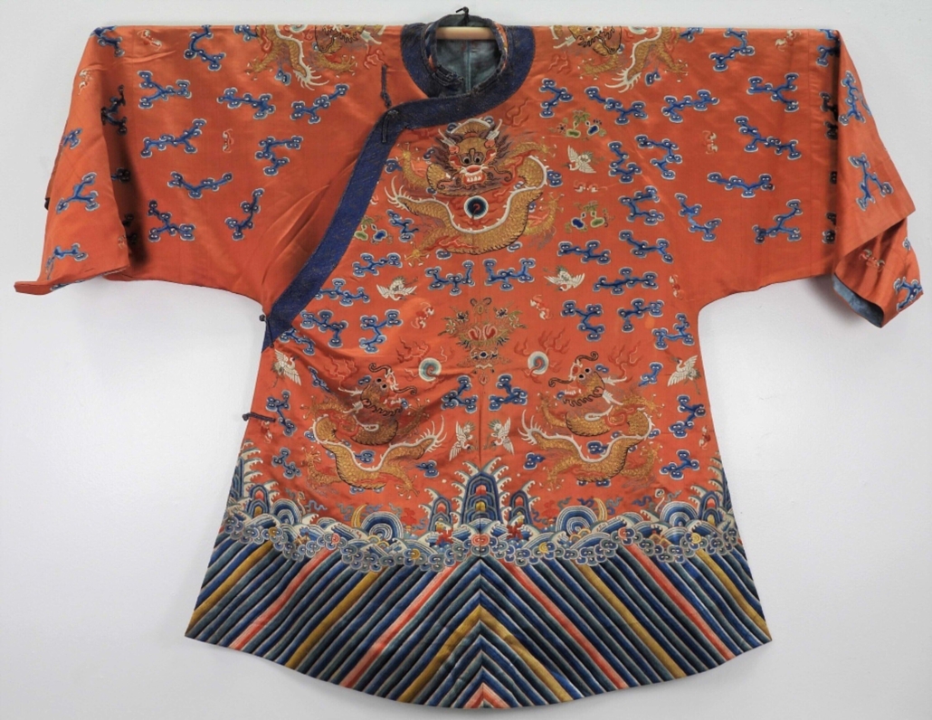 Chinese silk gold thread dragon robe, Qing Dynasty, est. $2,000-$3,000