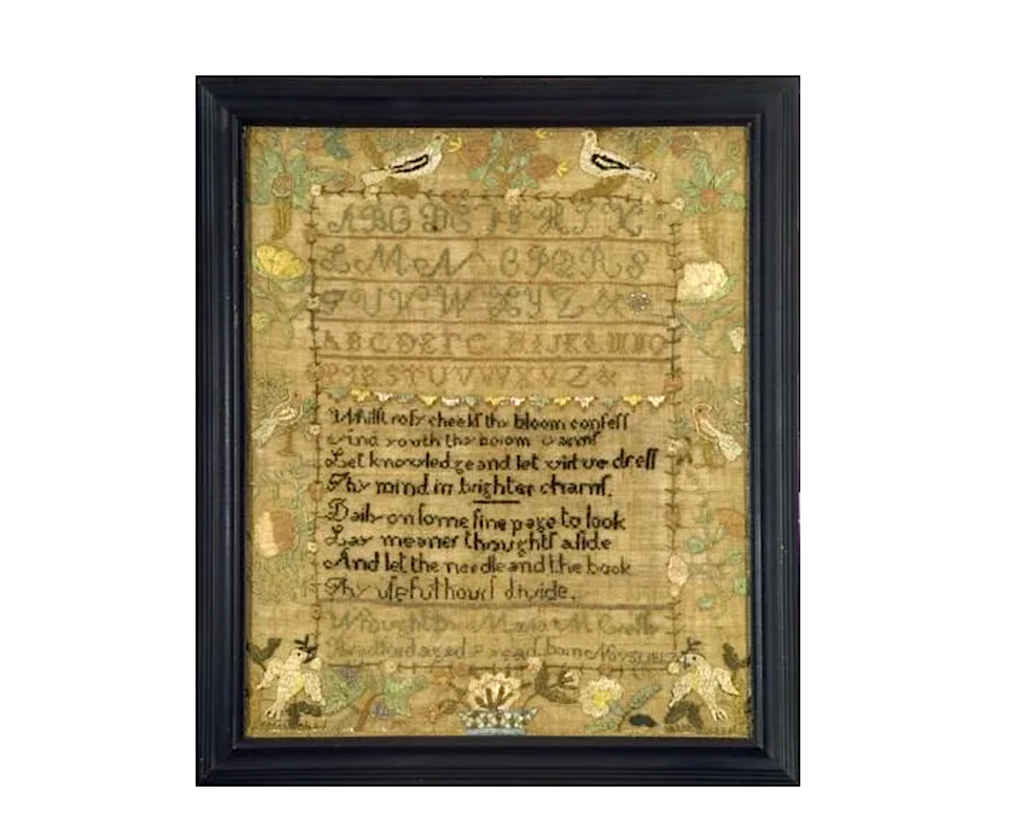 Schoolgirl sampler stitched circa 1826 by nine-year-old Maria M. Cressy of New Hampshire, est. $3,000-$3,500