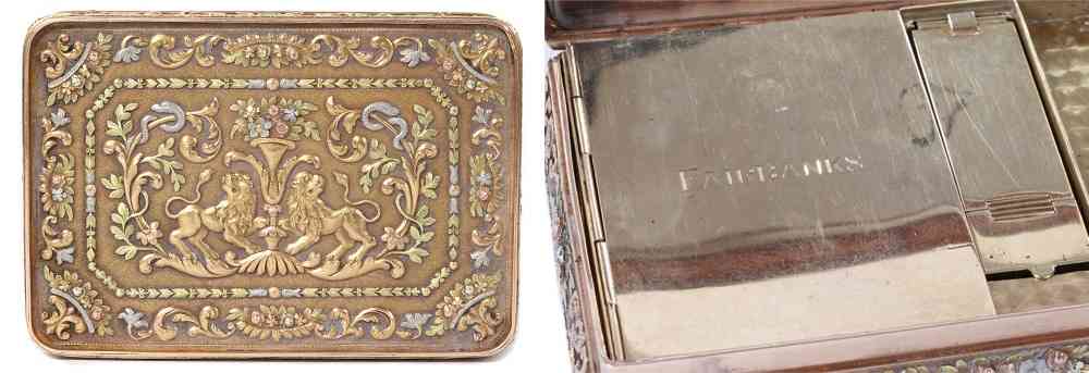 Circa-1820 Swiss or German Hanau four-color gold minaudiere, later engraved with the name ‘Fairbanks,’ est. £7,000-£9,000