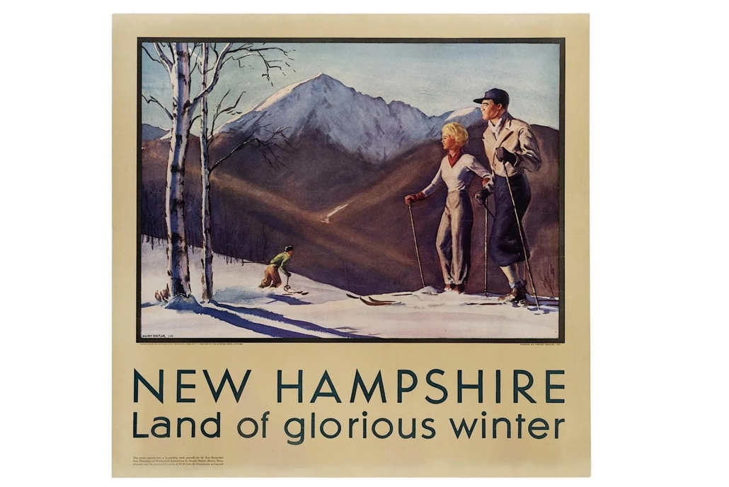 A 1936 Dwight Clark Shepler poster boosting skiing in New Hampshire sold for $1,000 plus the buyer’s premium in January 2020. Image courtesy of Potter & Potter Auctions and LiveAuctioneers