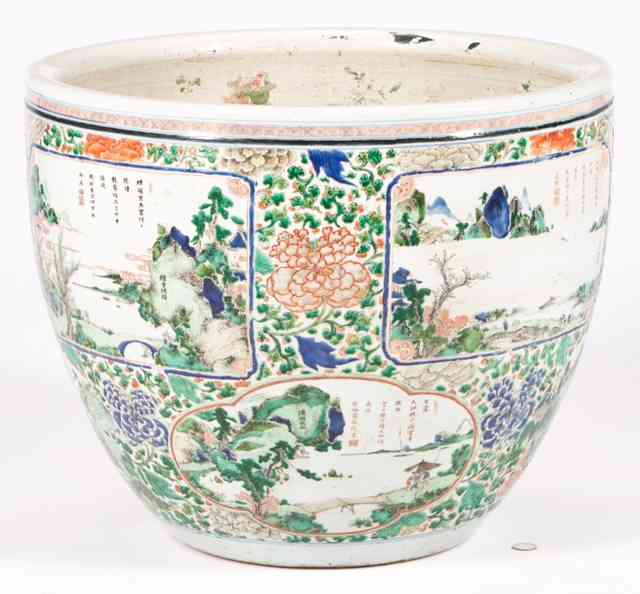 Chinese Qing dynasty famille verte porcelain fish bowl, $66,000