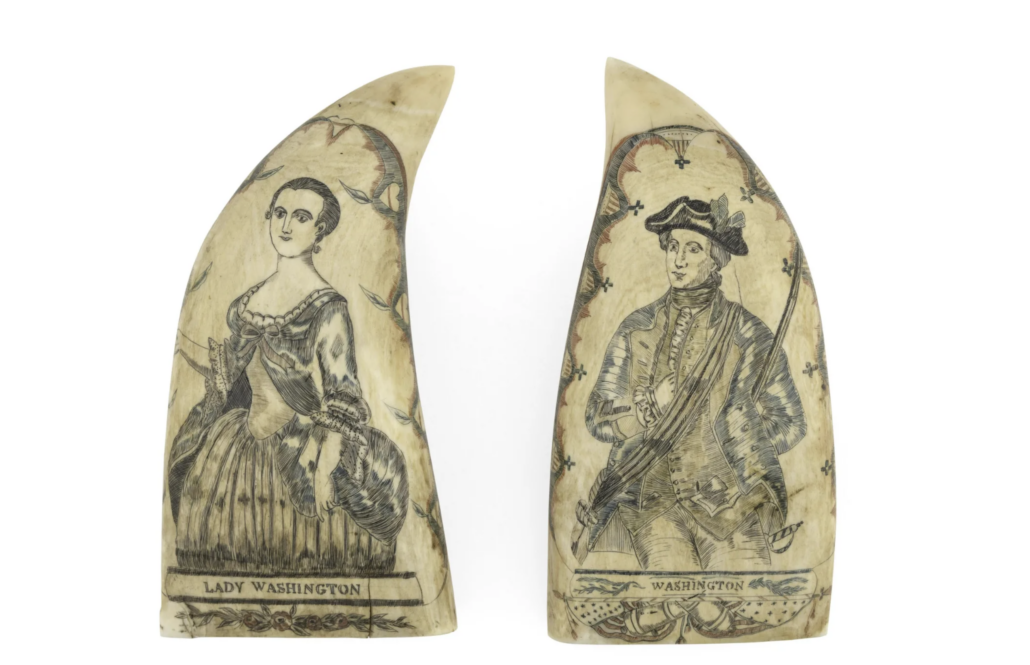 Pair of polychrome whale’s teeth depicting portraits of George and Martha Washington after paintings of the couple by John Wollaston and Charles Wilson Peale, est. $40,000-$60,000