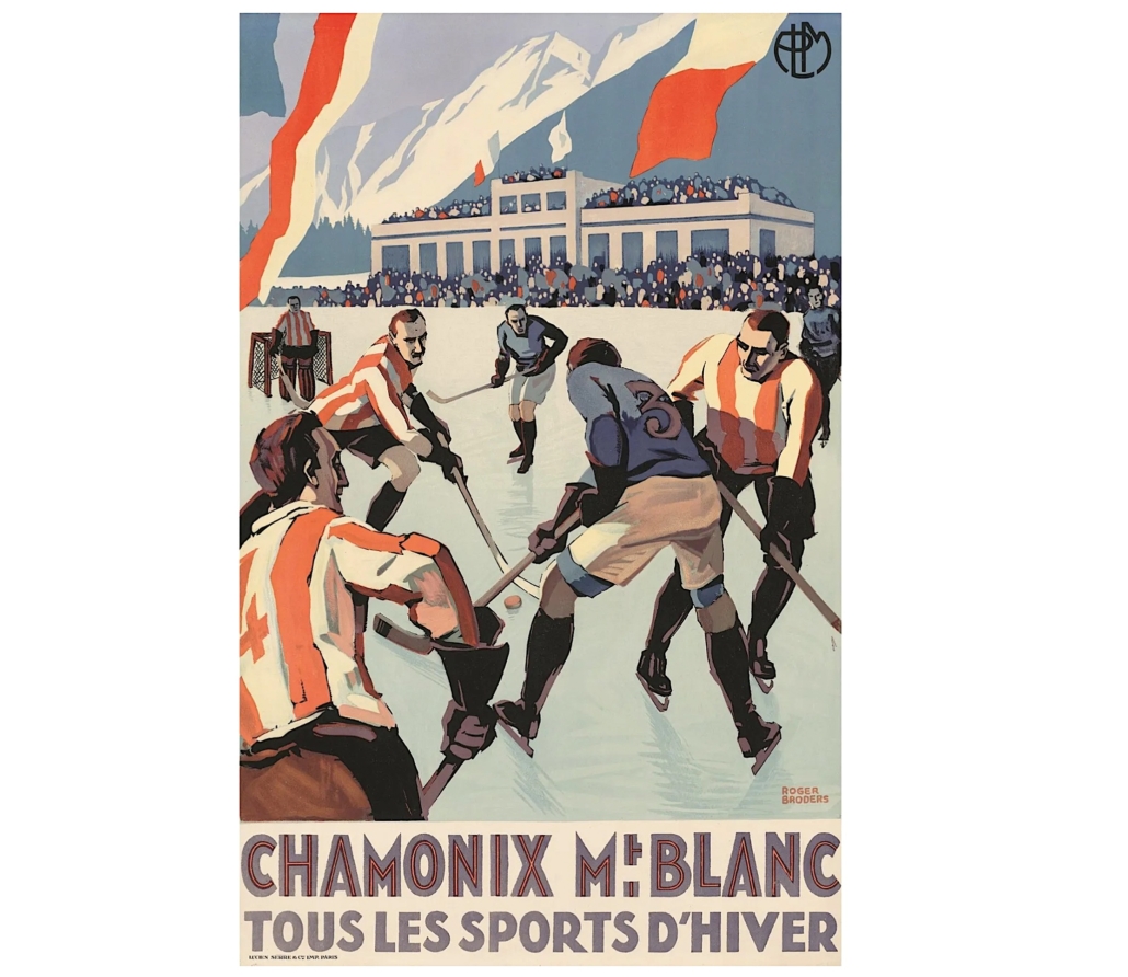 A 1930 Roger Broders poster for Chamonix-Mt. Blanc, depicting a hockey game, realized £3,600 (about $4,800) in January 2021. Image courtesy of Lyon + Turnbull and LiveAuctioneers