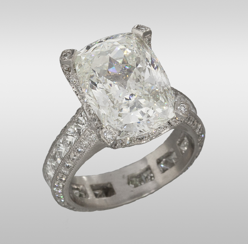 Diamond ring with GIA-certified 8.85-carat modified cushion cut stone, est. $80,000-$120,000
