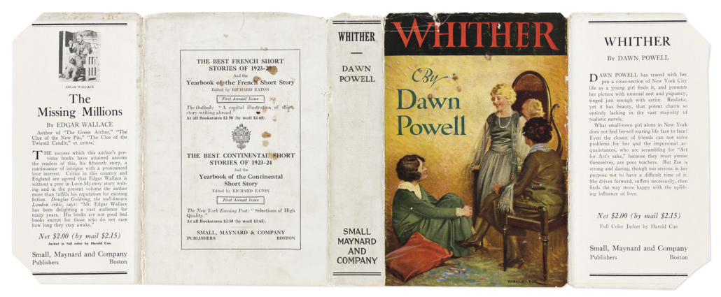 Detail of the unrestored dust jacket of Dawn Powell’s Whither, est. $6,000-$9,000