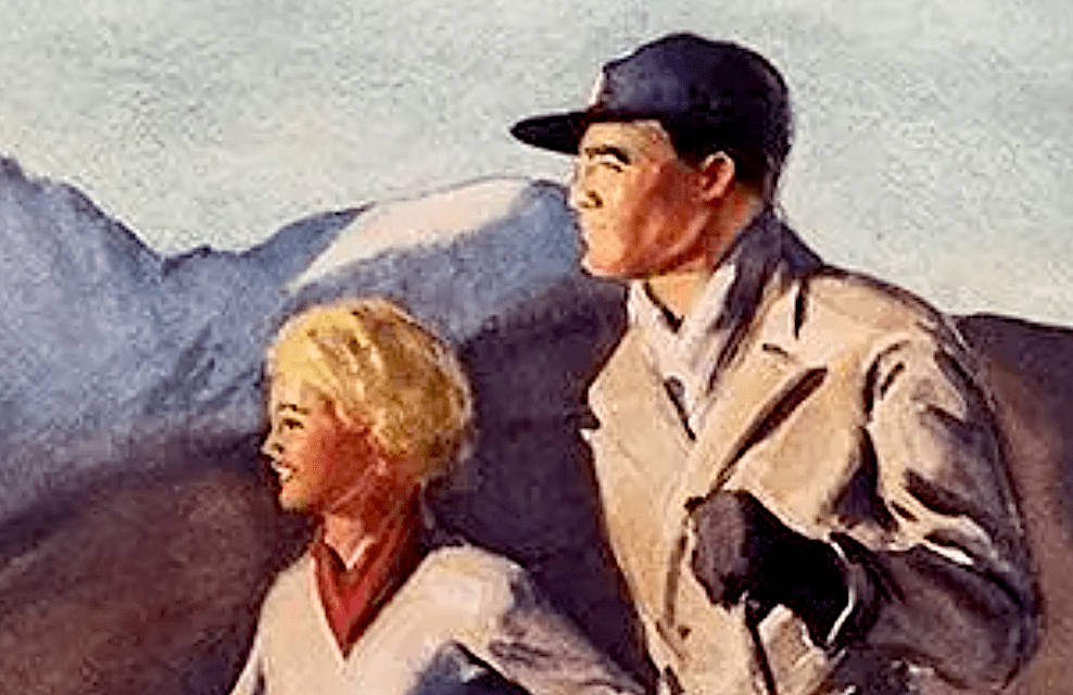 Detail of the faces of a skiing couple on Dwight Clark Shepler’s New Hampshire poster. Image courtesy of Potter & Potter Auctions and LiveAuctioneers