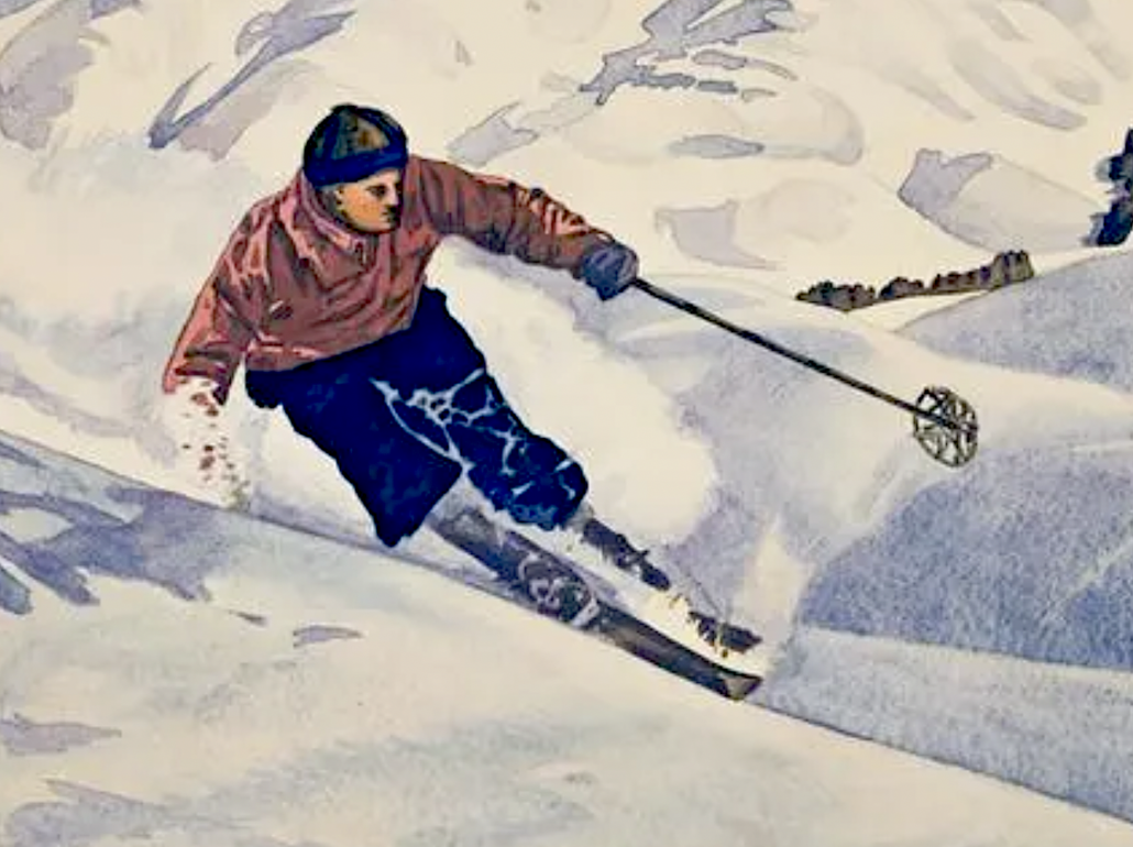 Detail of the skier pictured on Augustus Moser’s Sun Valley, Idaho poster. Image courtesy of Swann Auction Galleries and LiveAuctioneers