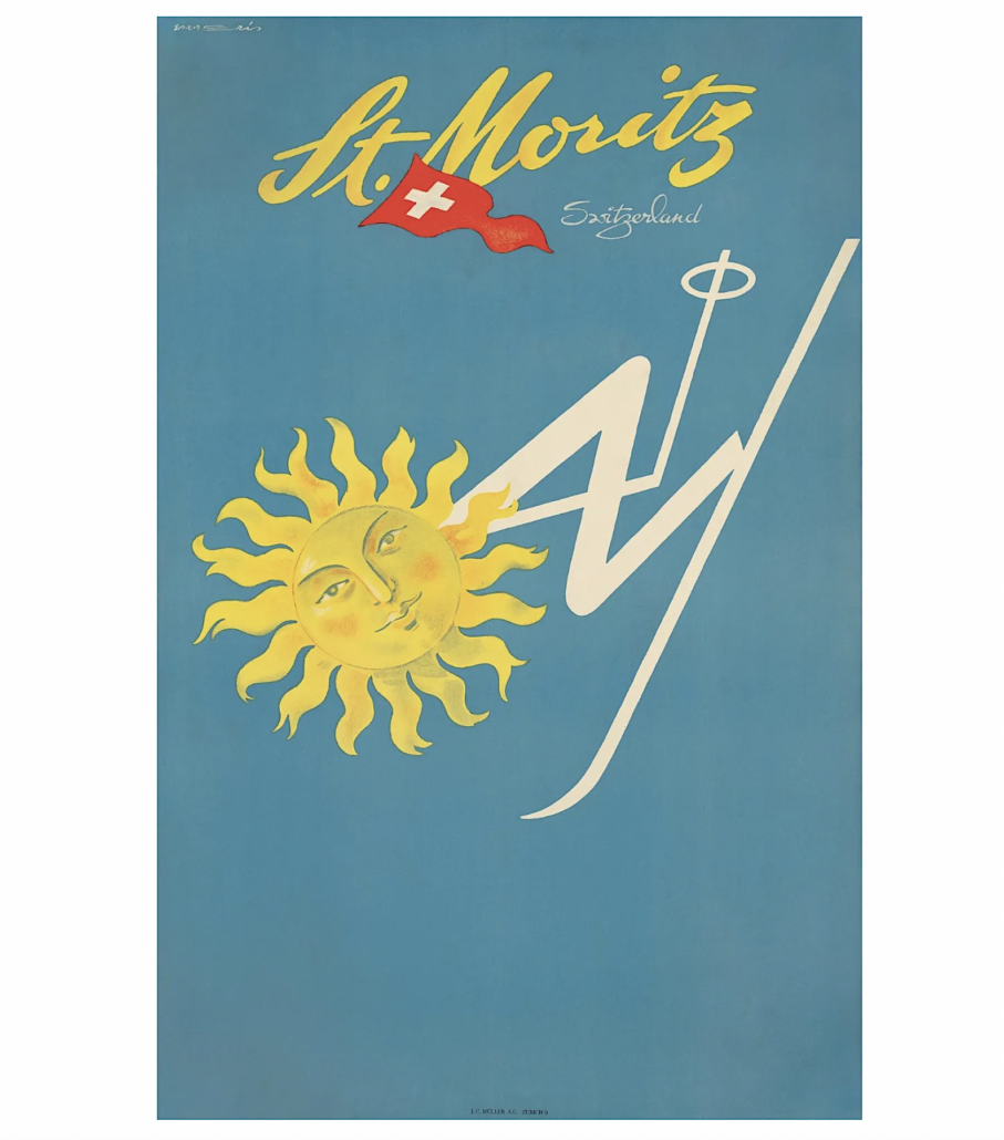 A 1948 St. Moritz poster by Franco Barberis achieved £1,900 (roughly $2,500) plus the buyer’s premium in January 2021. Image courtesy of Lyon + Turnbull and LiveAuctioneers