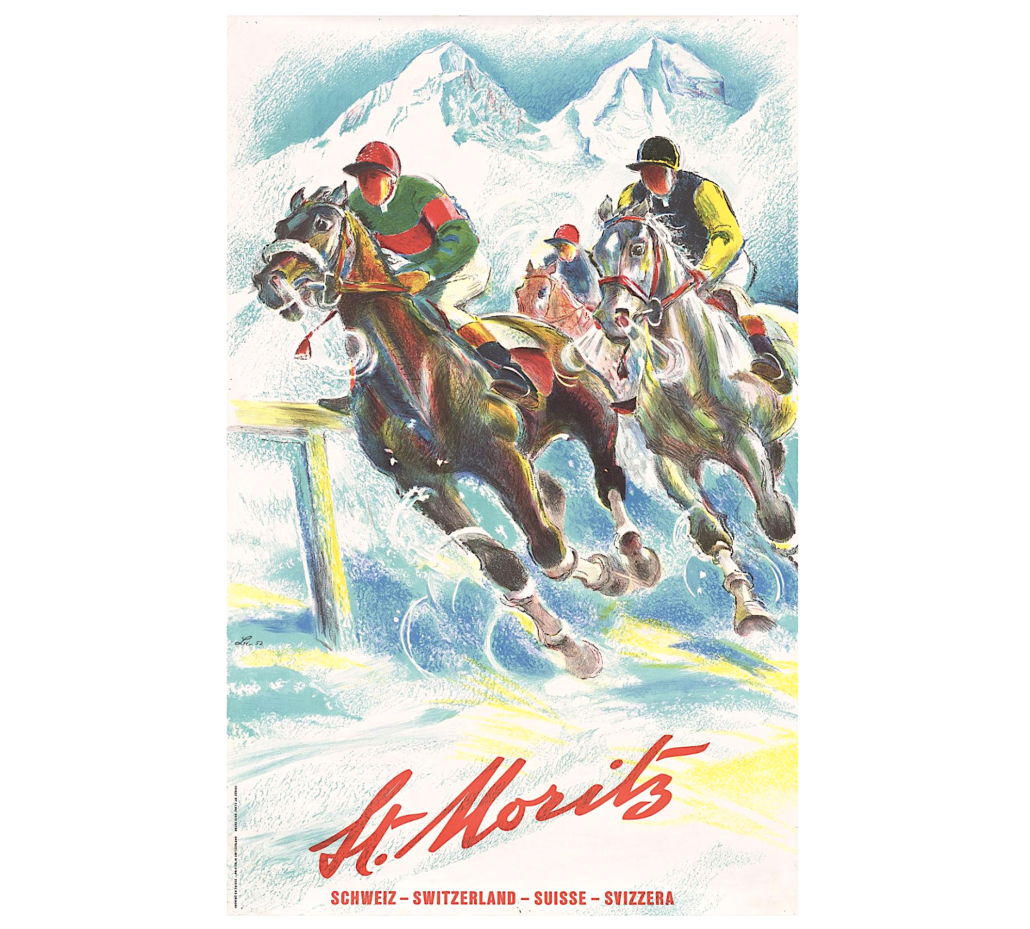 A 1952 St. Moritz poster by LIBIS (Herbert Libiszewski), showcasing a horse race on a snow-covered track, sold for £1,800 (about $2,400) plus the buyer’s premium in January 2021. Image courtesy of Lyon + Turnbull and LiveAuctioneers