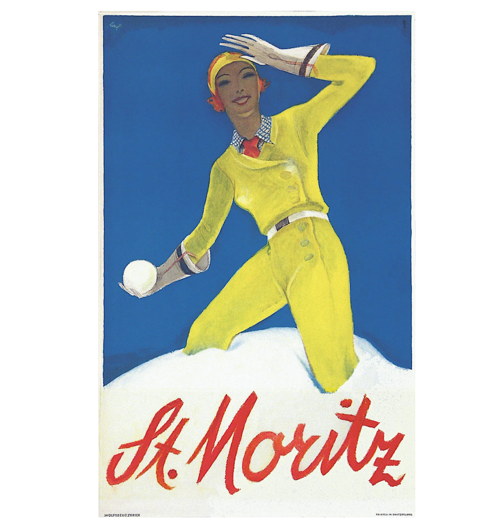 A 1932 St. Moritz poster by Alois Carigiet showing a woman readying to throw a snowball, realized £3,000 (about $4,000) plus the buyer’s premium in November 2020. Image courtesy of Onslows Auctioneers and LiveAuctioneers.