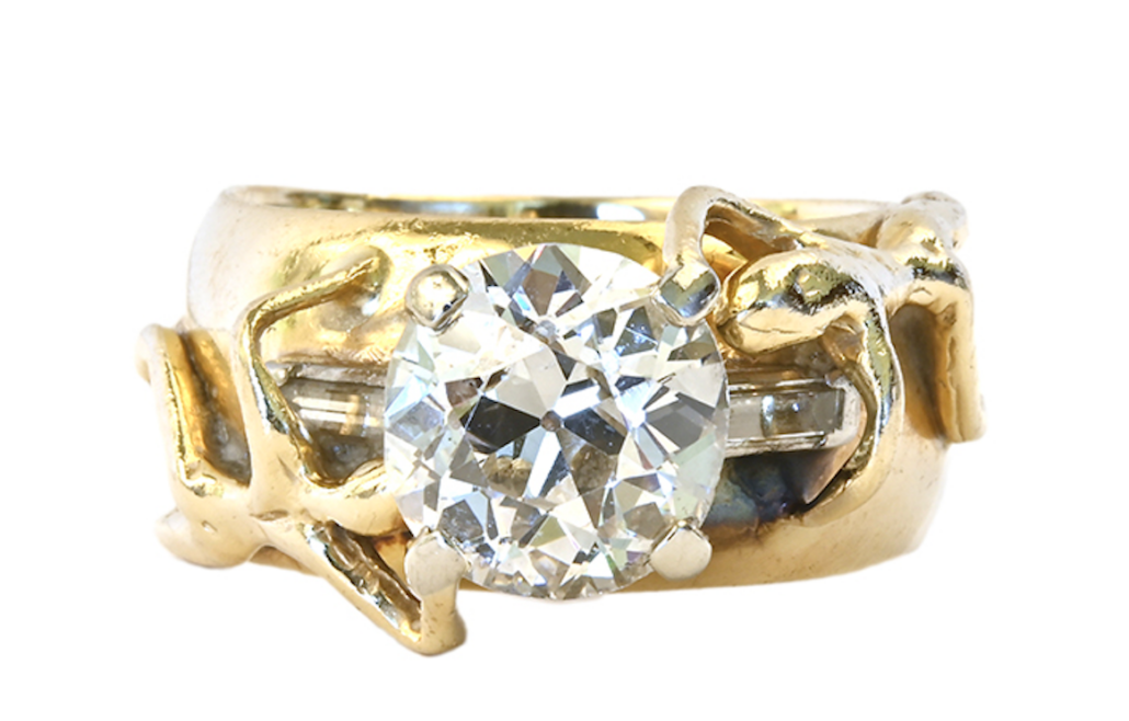 Diamond and 14K yellow gold ring with stylized figures, est. $5,000-$7,000