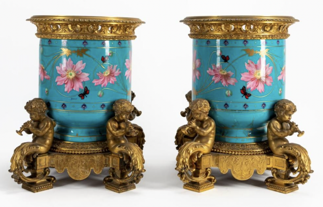 Pair of porcelain bronze mounted urns attributed to Sevres and Victor Paillard, est. $4,000-$6,000