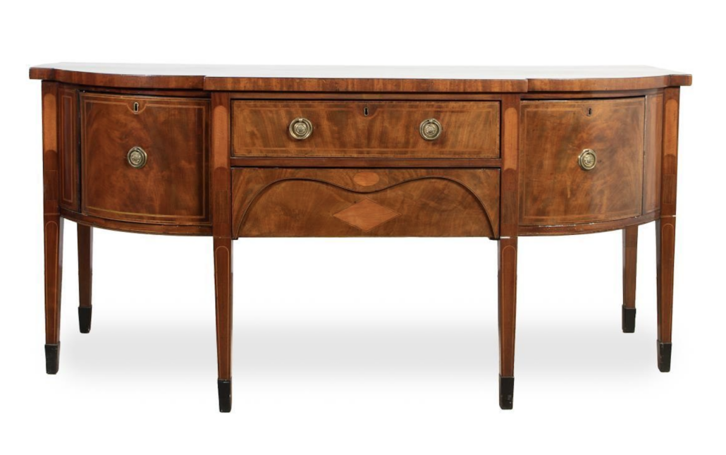 English George III Hepplewhite inlaid mahogany and mahogany veneered D-form sideboard, est. $1,500-$3,000