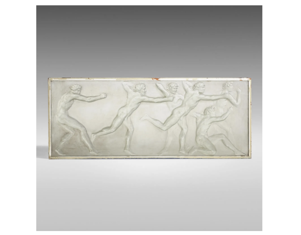 Rene Lalique athletes panel, est. $40,000-$60,000. Image courtesy of Rago and LiveAuctioneers