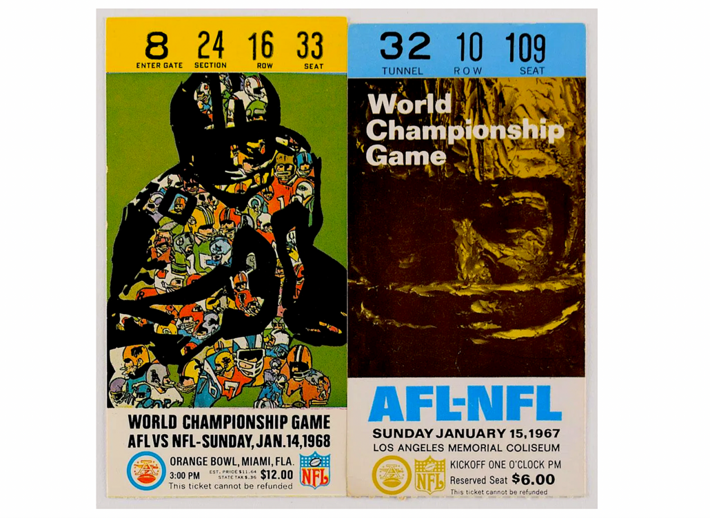 Ticket stubs for the first two Super Bowl contests, held when the game was still called the NFL-AFL World Championship Game, brought $3,553 plus the buyer’s premium in November 2019. Image courtesy of RR Auction and LiveAuctioneers.