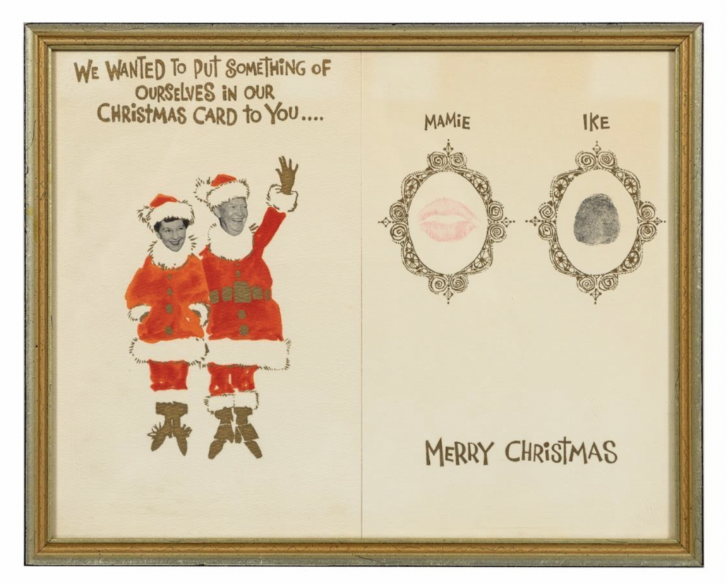 1958 Christmas card from the Eisenhowers to the Woodruffs, depicting Ike and Mamie in whimsical Santa suits, est. $500-$700