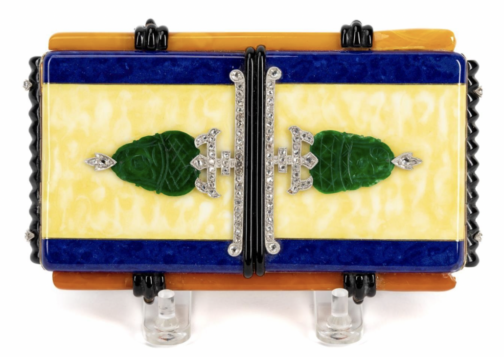 Black, Starr and Frost Art Deco vanity case or compact made from 14K yellow and white gold, rose cut diamonds, jadeite jade, enamel and Bakelite, est. $4,000-$6,000