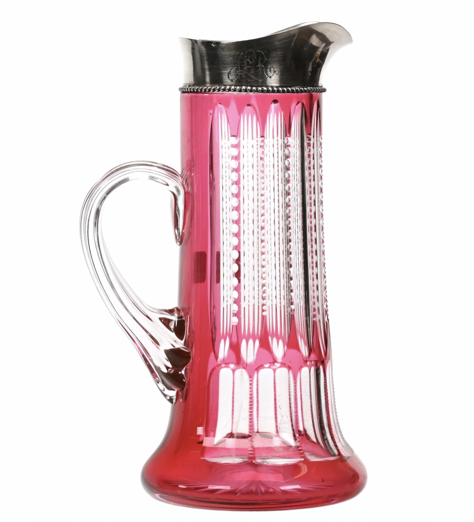 American Brilliant Cut Glass (ABCG) cranberry cut to clear tankard in the Prism and Fluke pattern, est. $1,500-$3,000