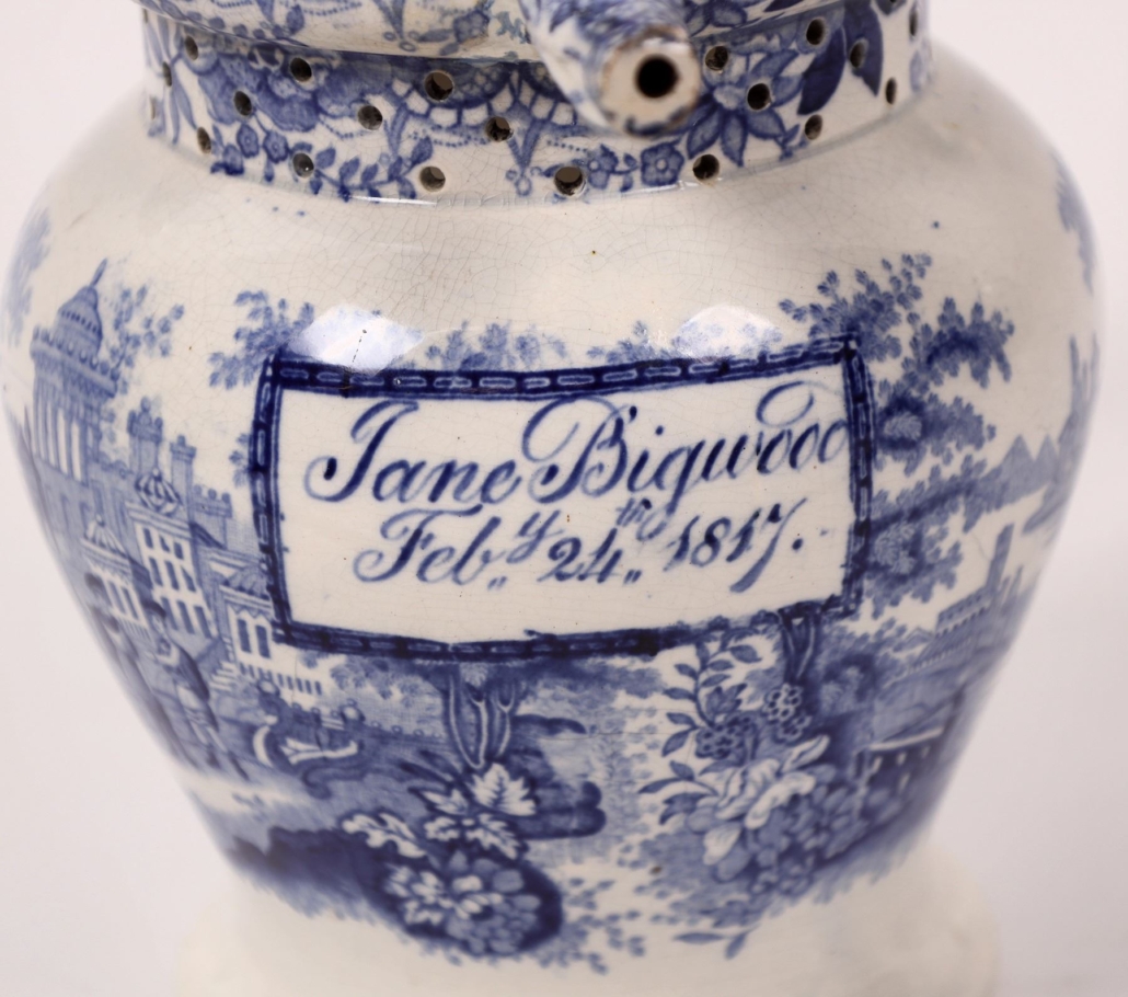 English Staffordshire Delft blue and white transferware jug, est. $2,000-$4,000
