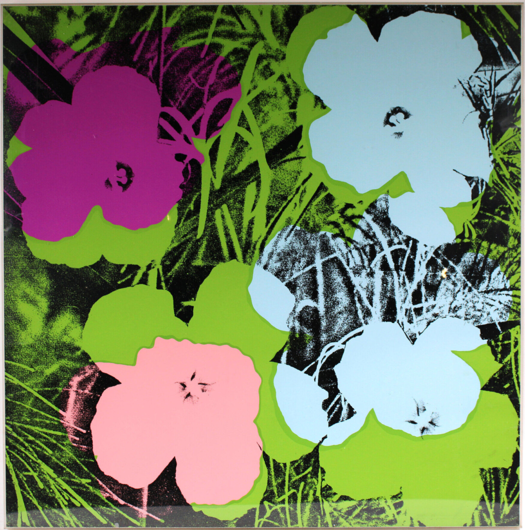 One of two Andy Warhol ‘Flowers’ screen prints, both signed and numbered, both est. $50,000-$10,000
