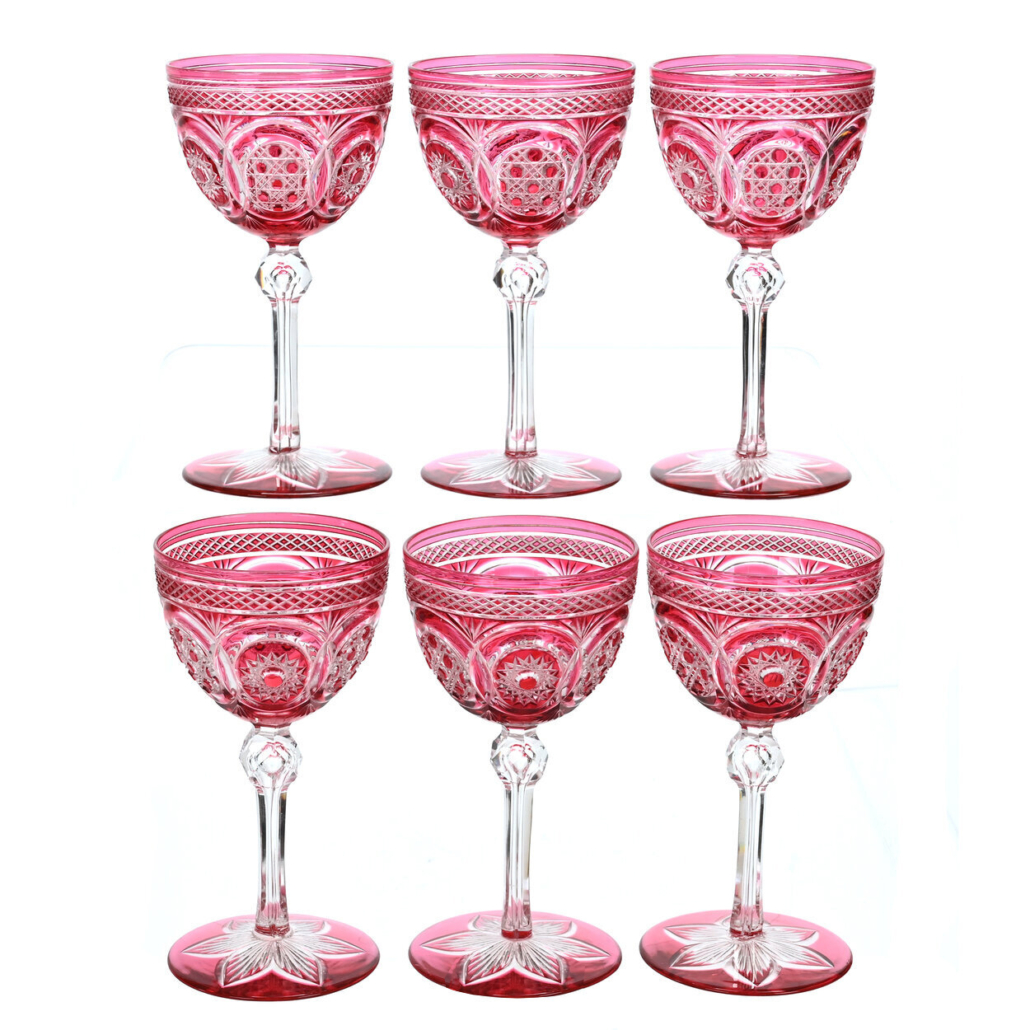Set of six BPCG cranberry cut to clear wine stems, est. $1,000-$2,000