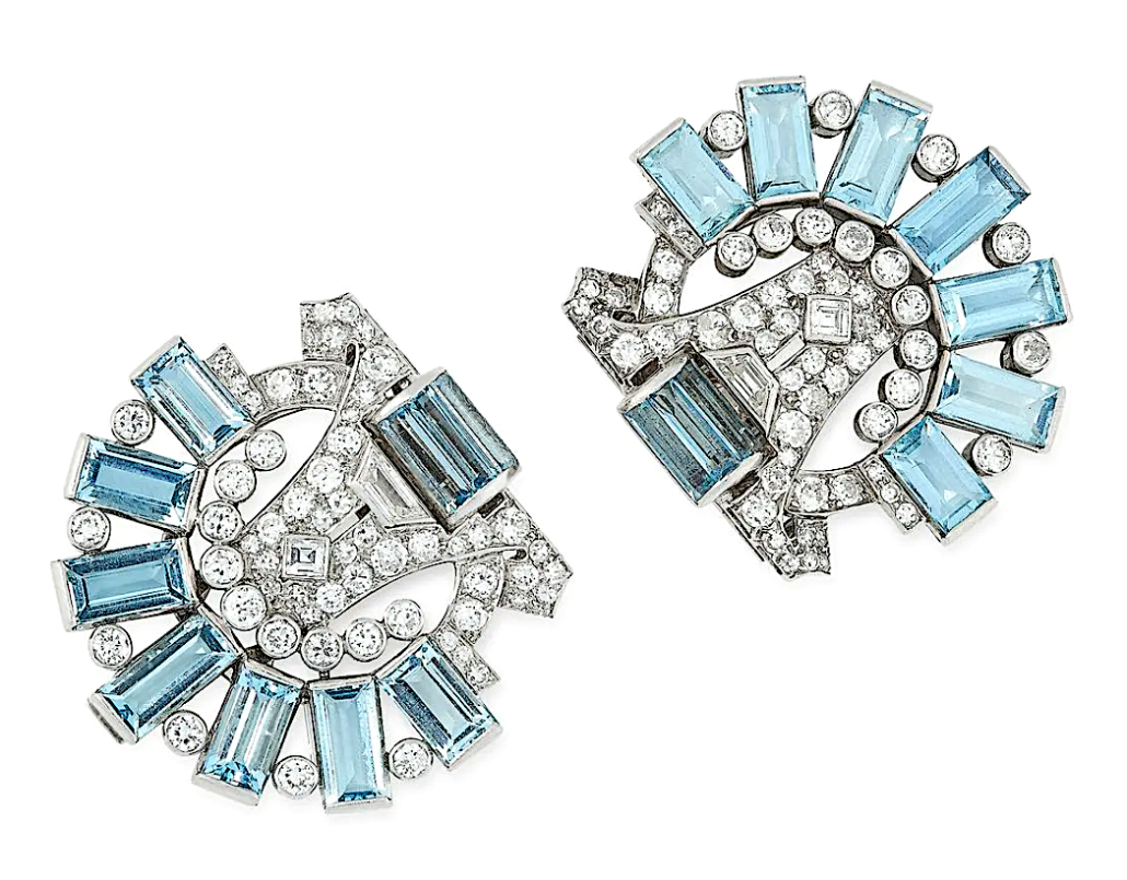 A circa-1940 pair of aquamarine and diamond clip brooches by Cartier realized $80,407 plus the buyer’s premium in April 2020 at Elmwood’s. Image courtesy of Elmwood’s and LiveAuctioneers.