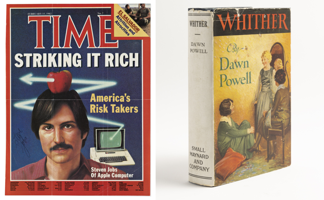 Left: Steve Jobs-signed Time magazine cover from 1982, est. $15,000-$25,000; Right: First edition of Dawn Powell’s Whither with unrestored pictorial dust jacket, est. $6,000-$9,000