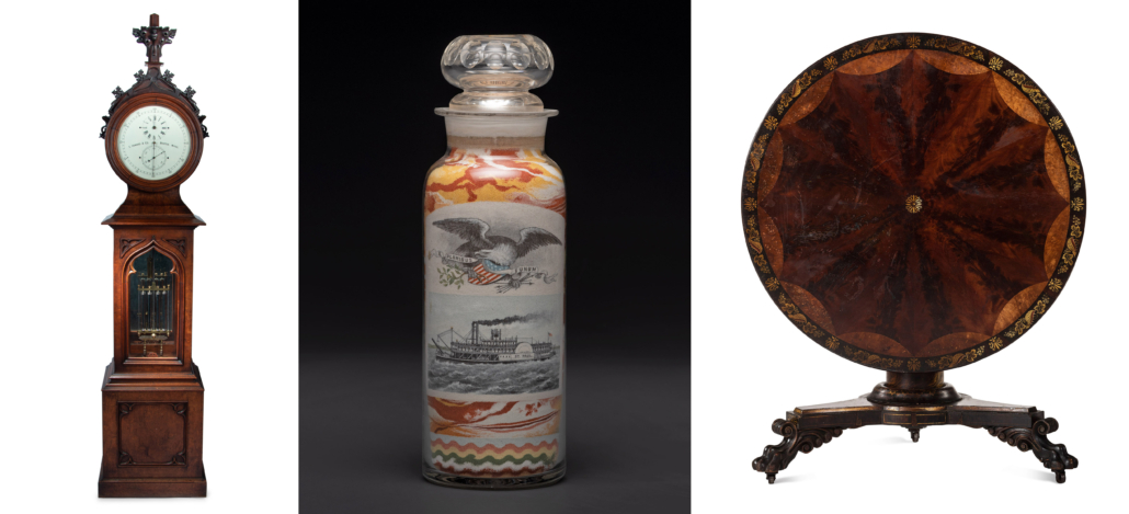 L-R: Gothic Revival carved mahogany tall case No. 22 astronomical regulator by E. Howard and Co. of Boston, est. $60,000-$80,000; Andrew Clemens labeled sand bottle, est. $100,000-$150,000; carved and inlaid mahogany tilt-top claw-foot breakfast table, attributed to Anthony Quervelle, est. $15,000-$25,000
