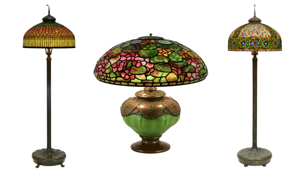Left to right: Tiffany Studios Curtain Border leaded glass and patinated bronze floor lamp, $181,250; Tiffany Studios circa-1905 Nasturtium table lamp, $109,375; Tiffany Studios Byzantine floor lamp, $115,625