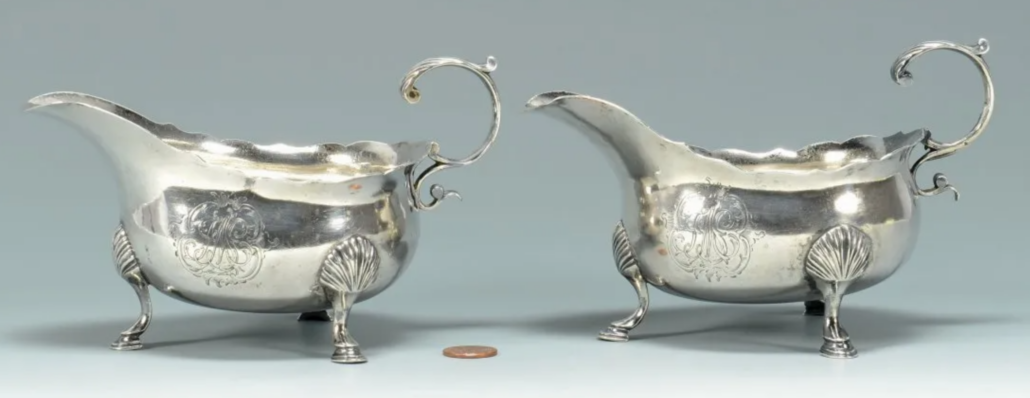 Bought as part of a box lot for $25, this pair of 18th-century silver sauce boats by New York silversmith Lewis Fueter realized $37,000 plus the buyer’s premium at Case in January 2014. Image courtesy of Case Antiques, Inc. Auctions & Appraisals and LiveAuctioneers.