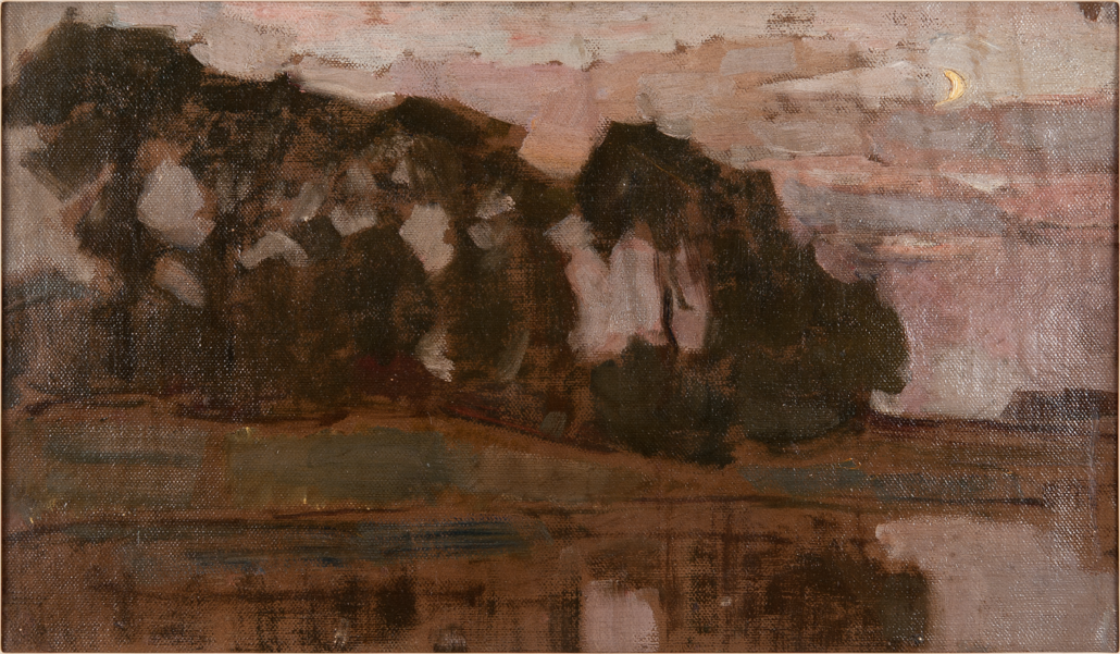 Piet Mondrian, ‘Farmhouse by the river Gein flanked by tall trees,’ 1906-1907. Oil on canvas, 33.3cm by 56.6cm. Image courtesy of Mondriaanhuis