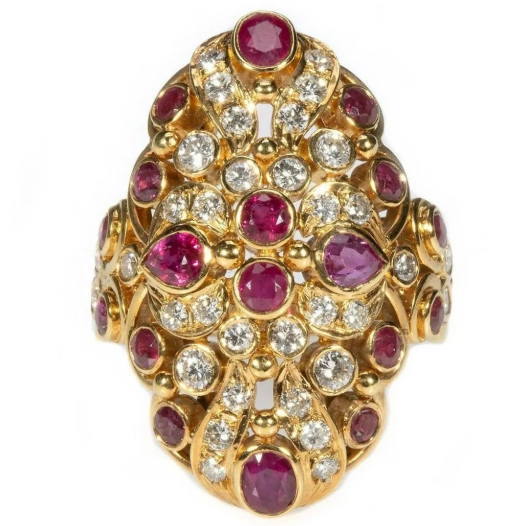 Ruby, diamond and 18K gold cluster ring, est. $1,200-$1,500