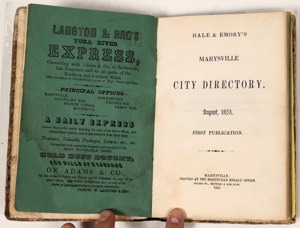 1853 copy of Hale and Emory’s Marysville City Directory, $9,150