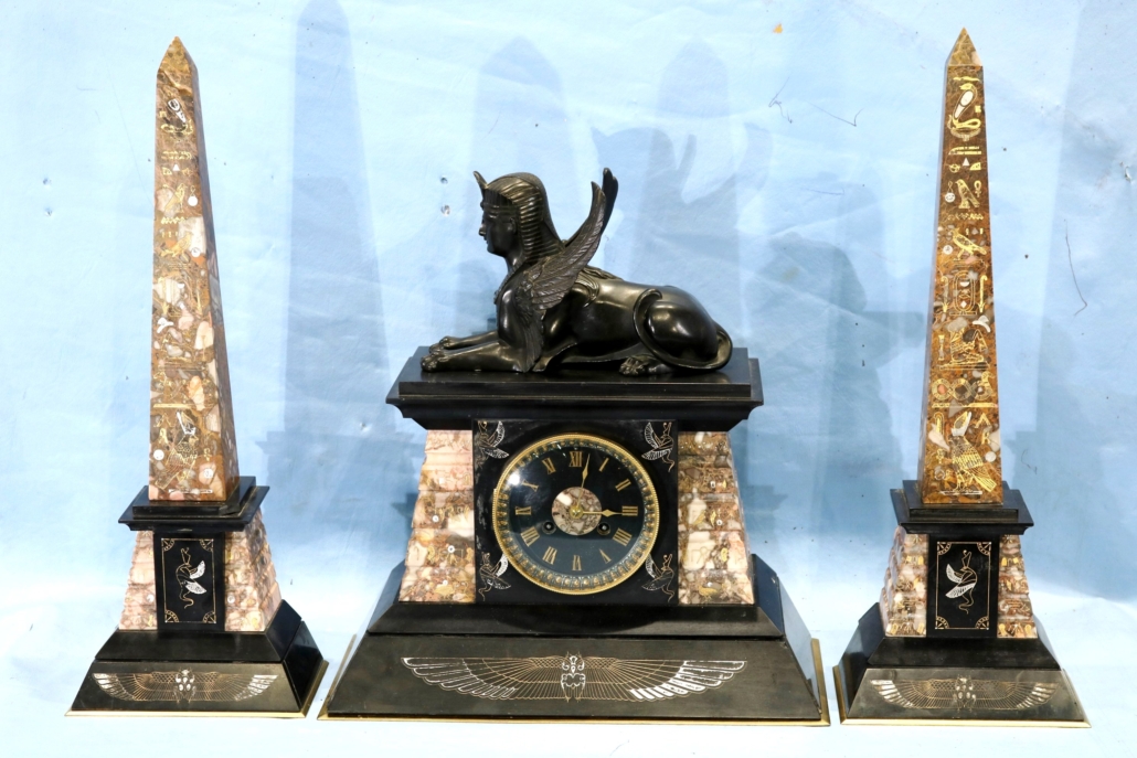 19th-century multi-colored marble and bronze clock and obelisks, est. $3,000-$4,000